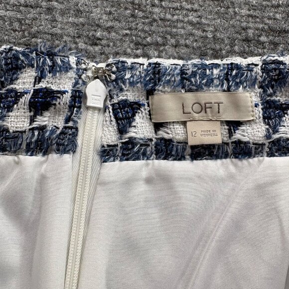 Loft Skirt Womens 12 Houndstooth Mini Blue White Pockets Tweed Preppy Career - Picture 3 of 13